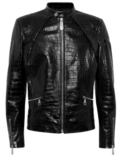 PHILIPP PLEIN Leather Moto Jacket Cocco Print>Uomo Giacche Di Pelle|Giacche E Cappotti