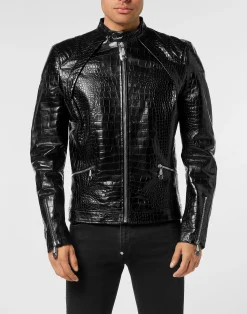 PHILIPP PLEIN Leather Moto Jacket Cocco Print>Uomo Giacche Di Pelle|Giacche E Cappotti