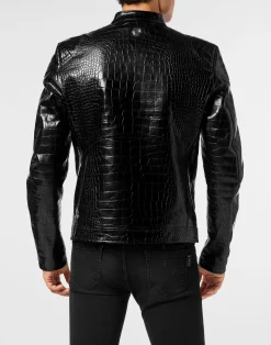 PHILIPP PLEIN Leather Moto Jacket Cocco Print><noscript><img data-lazyloaded=