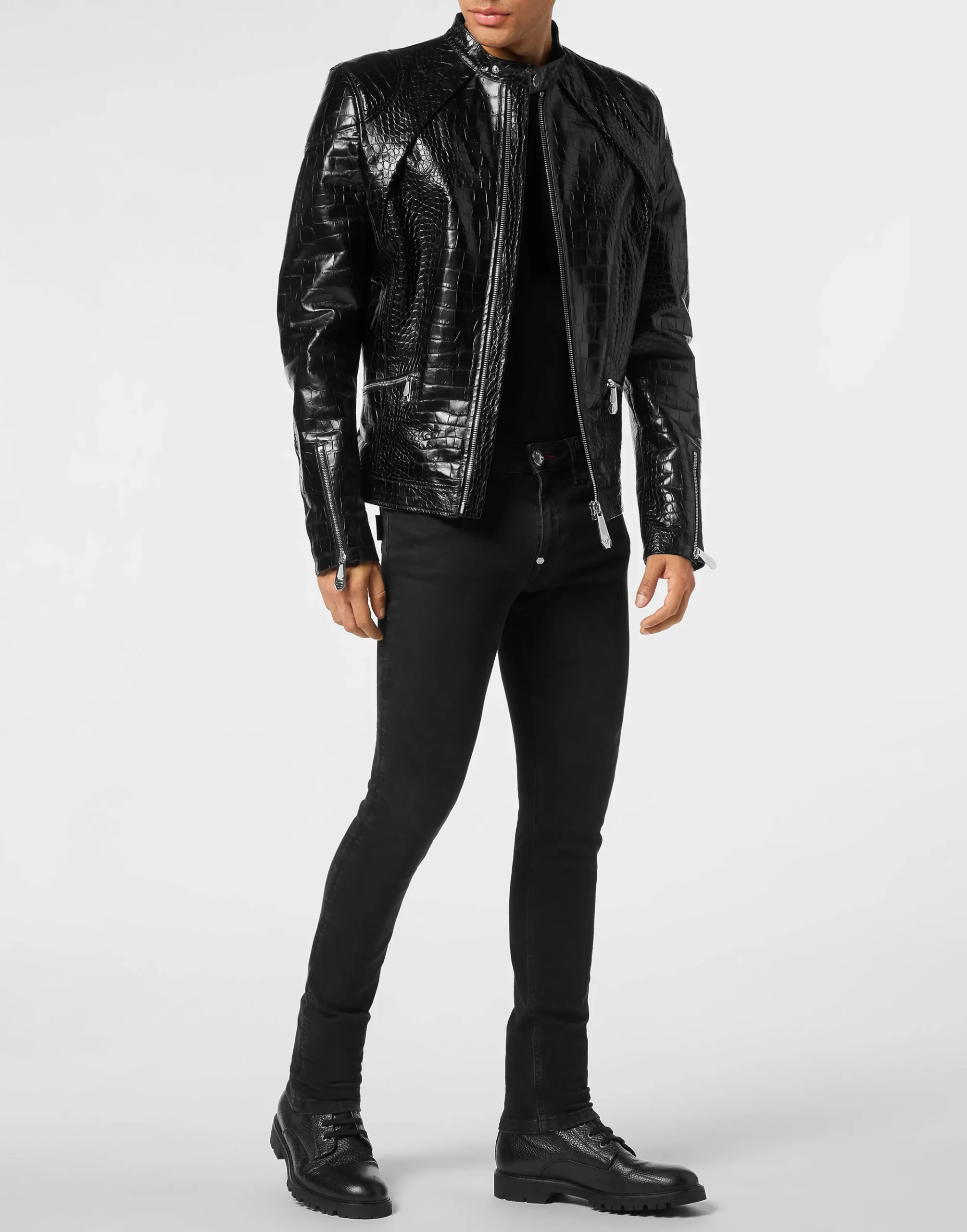 PHILIPP PLEIN Leather Moto Jacket Cocco Print>Uomo Giacche Di Pelle|Giacche E Cappotti