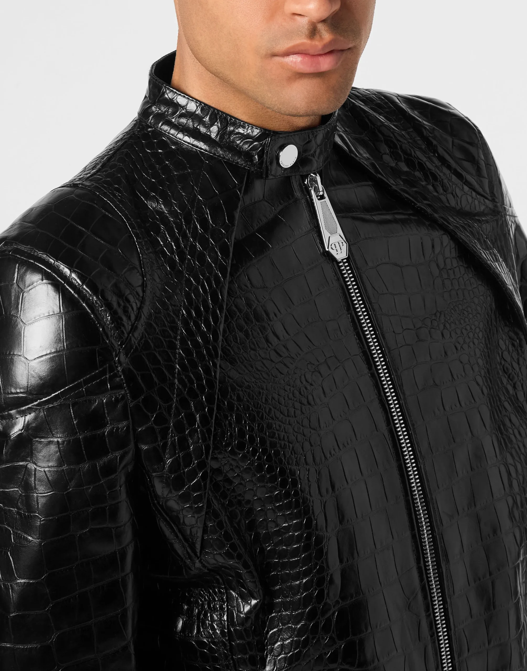 PHILIPP PLEIN Leather Moto Jacket Cocco Print>Uomo Giacche Di Pelle|Giacche E Cappotti