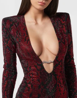 PHILIPP PLEIN Long-Sleeved Mini Dress Python Strass><noscript><img data-lazyloaded=