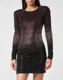 PHILIPP PLEIN Low-cut Back Long-Sleeved Mini Dress Mix Strass Degrade>Donna Abiti E Gonne