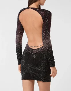 PHILIPP PLEIN Low-cut Back Long-Sleeved Mini Dress Mix Strass Degrade><noscript><img data-lazyloaded=