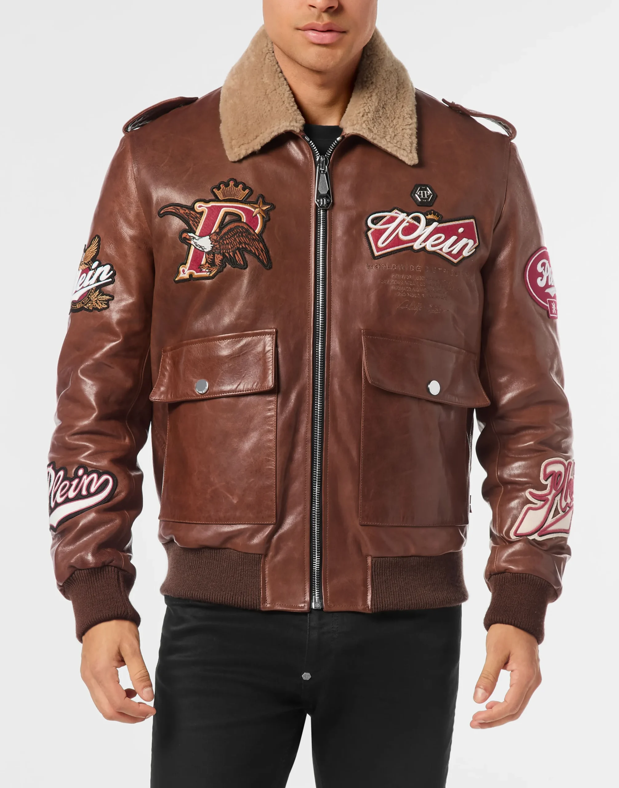 PHILIPP PLEIN Nappa Leather and Shearling Aviator Jacket Beers>Uomo Giacche Di Pelle|Giacche E Cappotti