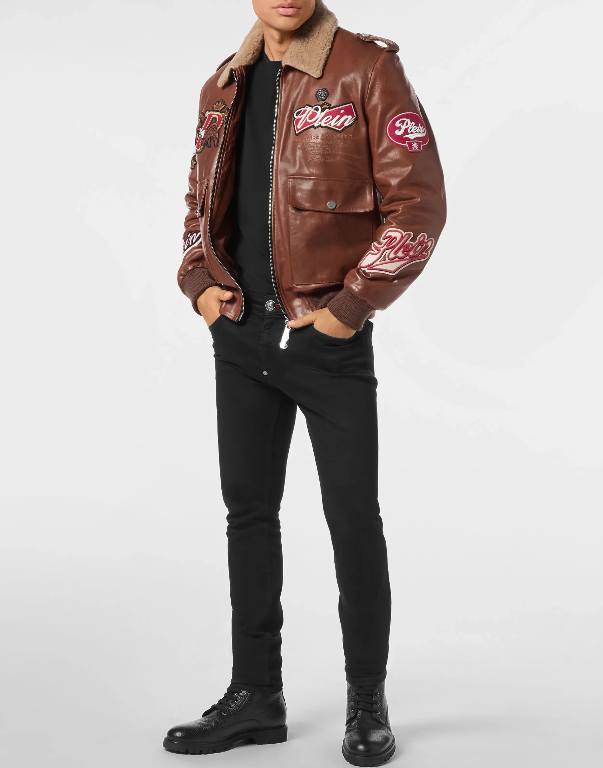 PHILIPP PLEIN Nappa Leather and Shearling Aviator Jacket Beers>Uomo Giacche Di Pelle|Giacche E Cappotti