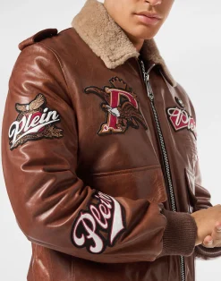 PHILIPP PLEIN Nappa Leather and Shearling Aviator Jacket Beers><noscript><img data-lazyloaded=