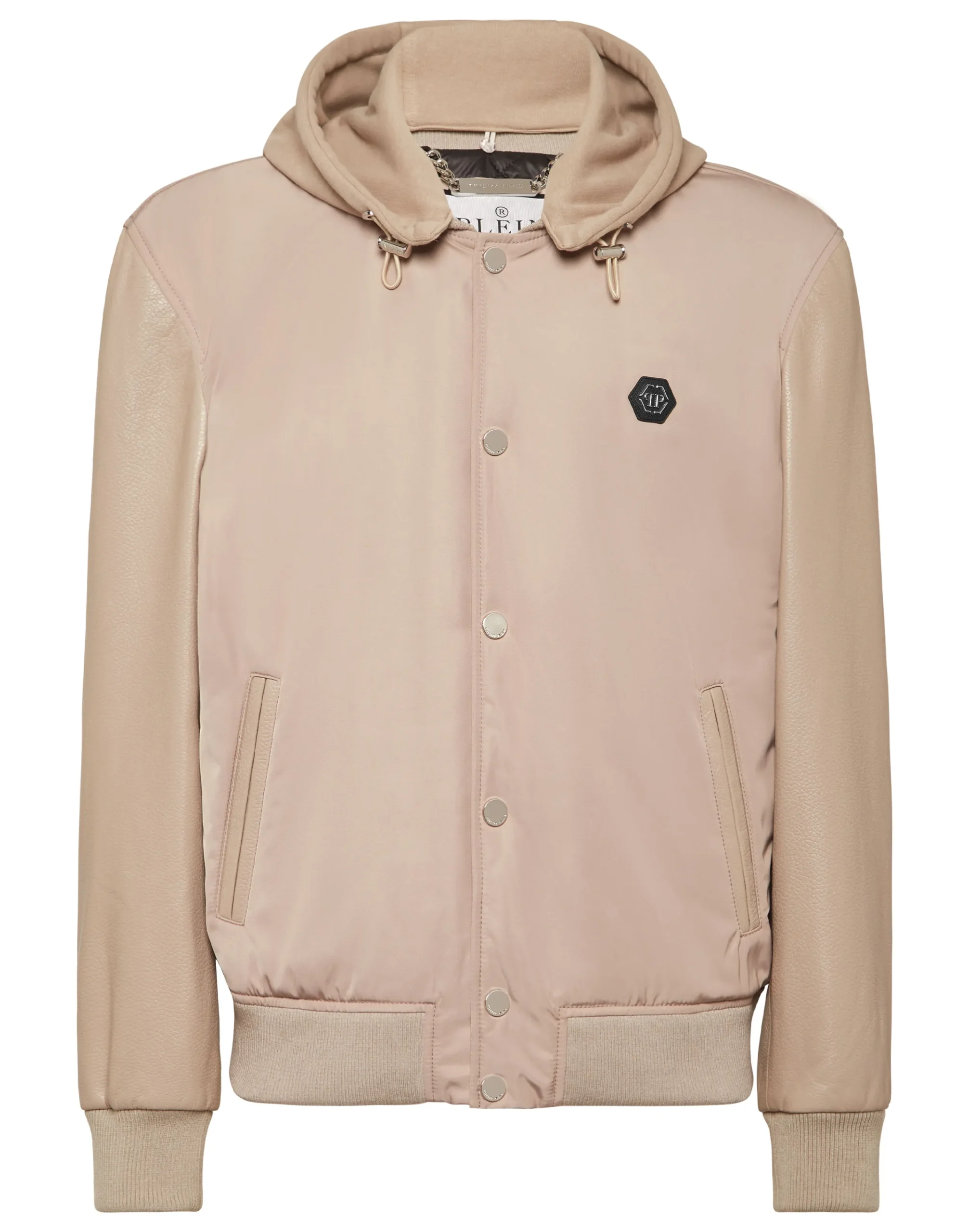 PHILIPP PLEIN Nylon & Leather Varsity Bomber Hooded Jacket>Uomo Giacche Di Pelle|Giacche E Cappotti