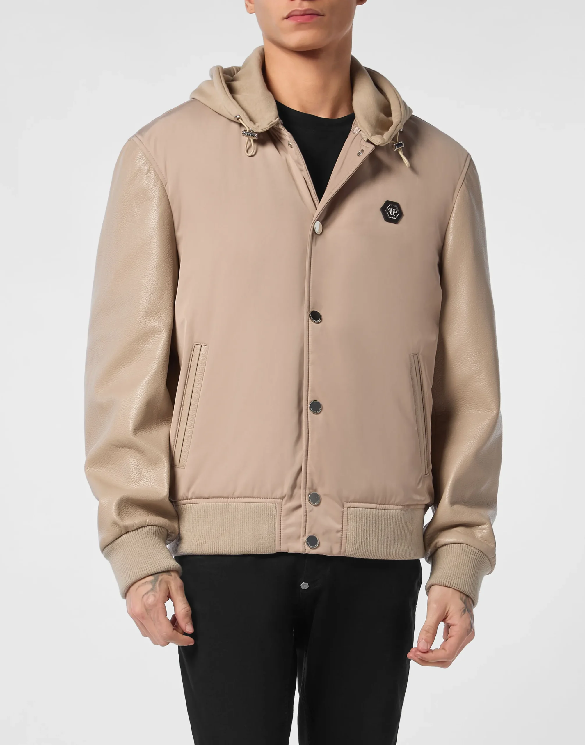 PHILIPP PLEIN Nylon & Leather Varsity Bomber Hooded Jacket>Uomo Giacche Di Pelle|Giacche E Cappotti