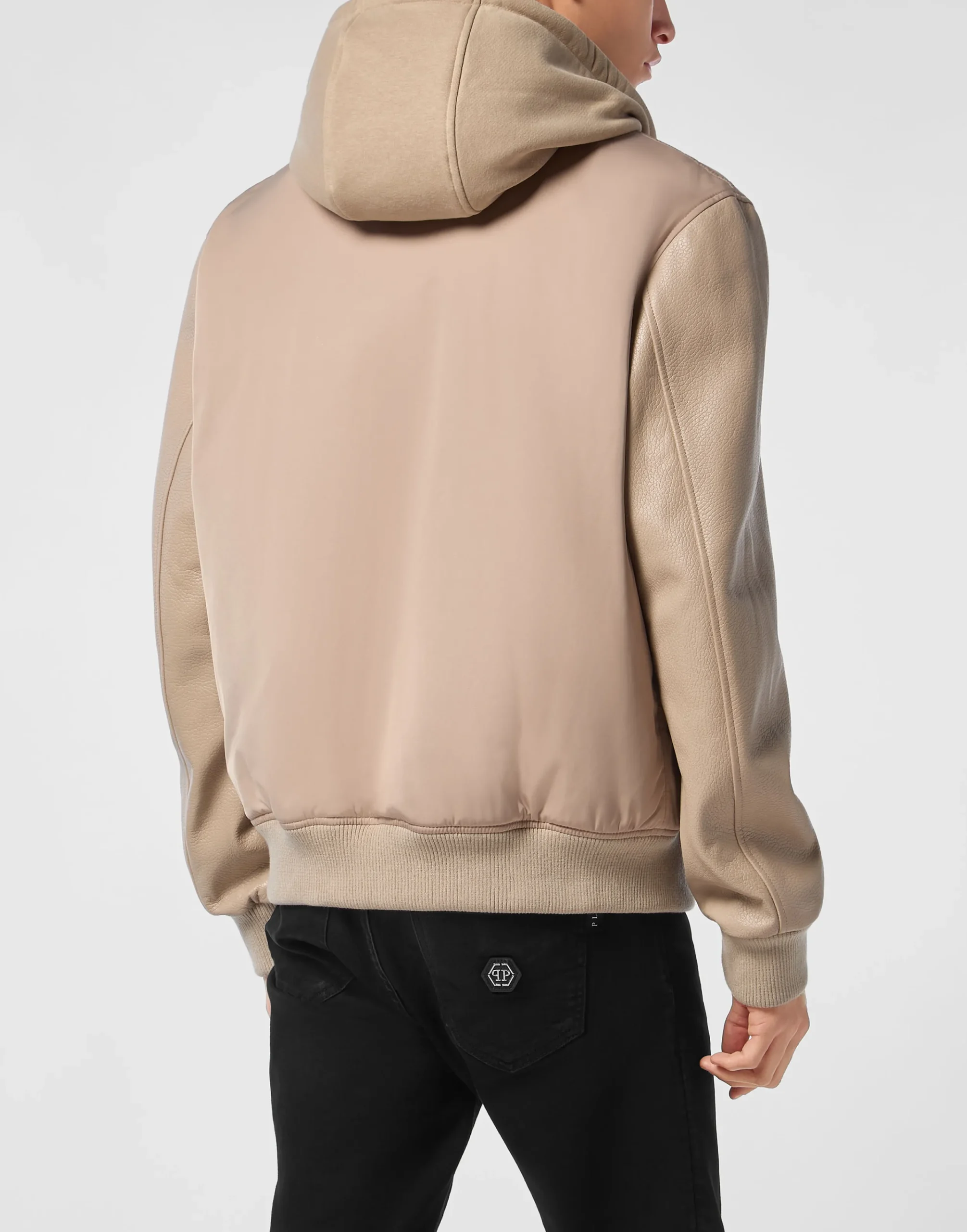 PHILIPP PLEIN Nylon & Leather Varsity Bomber Hooded Jacket>Uomo Giacche Di Pelle|Giacche E Cappotti