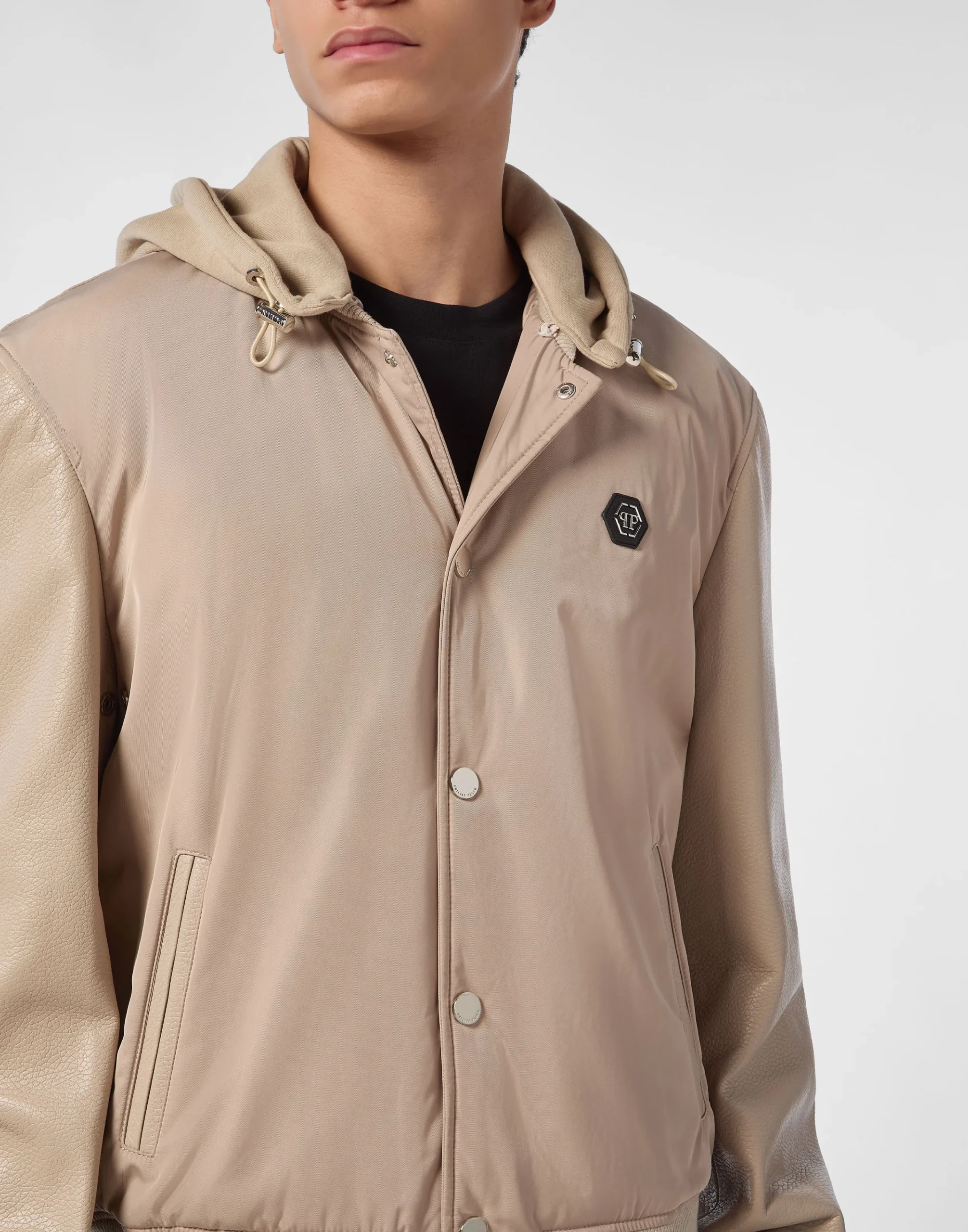 PHILIPP PLEIN Nylon & Leather Varsity Bomber Hooded Jacket>Uomo Giacche Di Pelle|Giacche E Cappotti