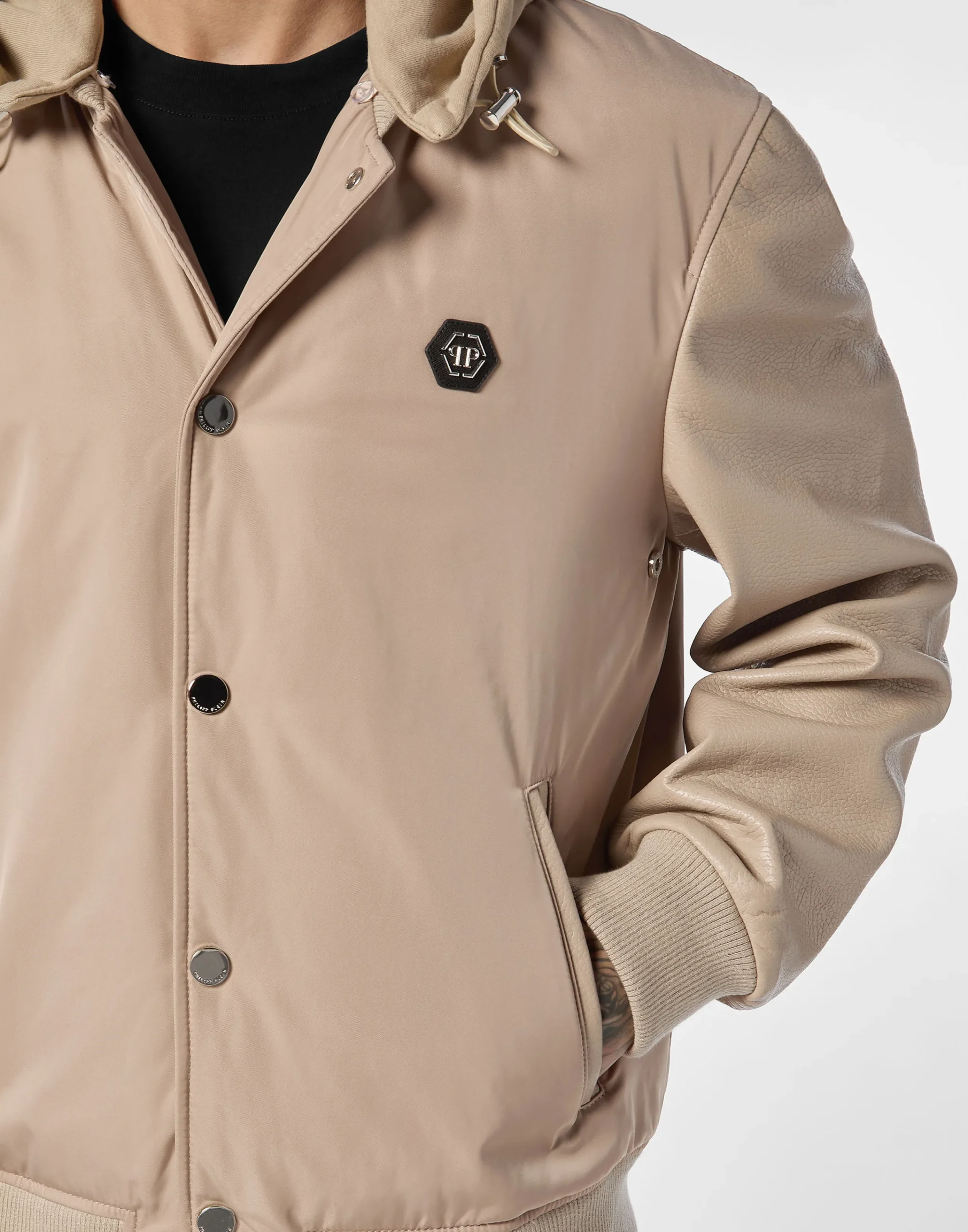 PHILIPP PLEIN Nylon & Leather Varsity Bomber Hooded Jacket>Uomo Giacche Di Pelle|Giacche E Cappotti
