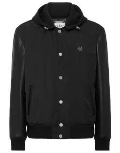 PHILIPP PLEIN Nylon & Leather Varsity Bomber Hooded Jacket>Uomo Giacche Di Pelle|Giacche E Cappotti