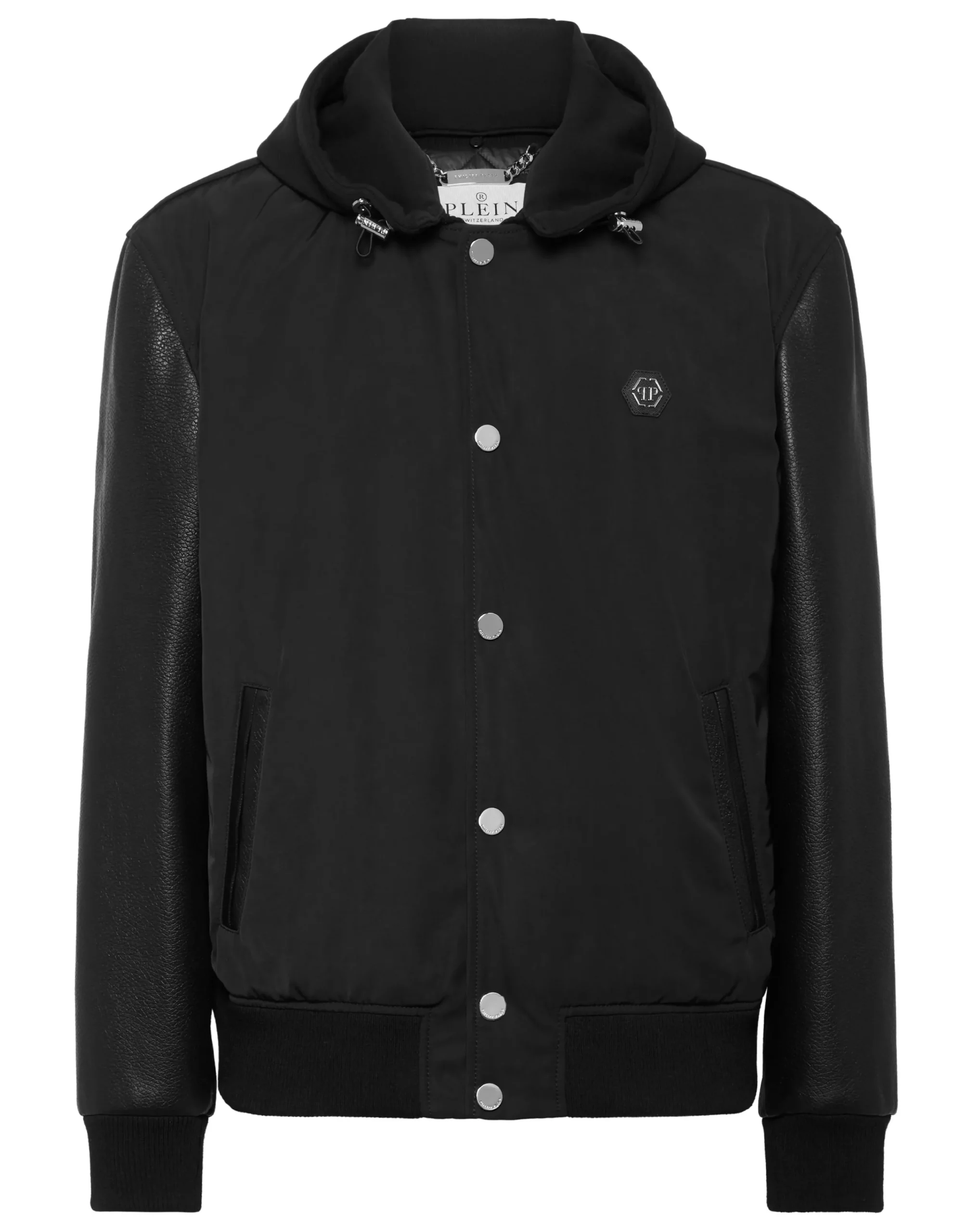 PHILIPP PLEIN Nylon & Leather Varsity Bomber Hooded Jacket>Uomo Giacche Di Pelle|Giacche E Cappotti