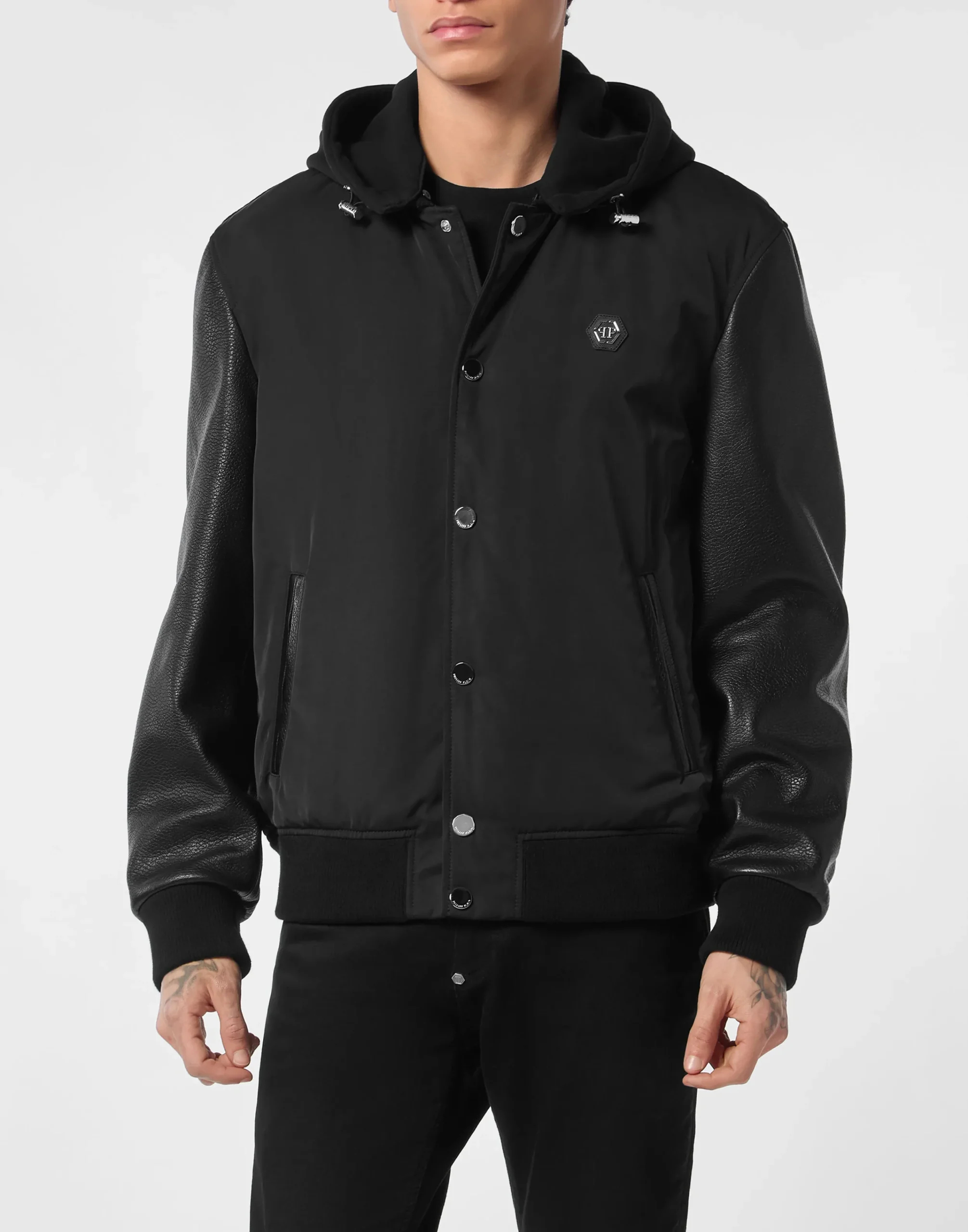 PHILIPP PLEIN Nylon & Leather Varsity Bomber Hooded Jacket>Uomo Giacche Di Pelle|Giacche E Cappotti