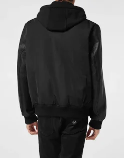 PHILIPP PLEIN Nylon & Leather Varsity Bomber Hooded Jacket><noscript><img data-lazyloaded=