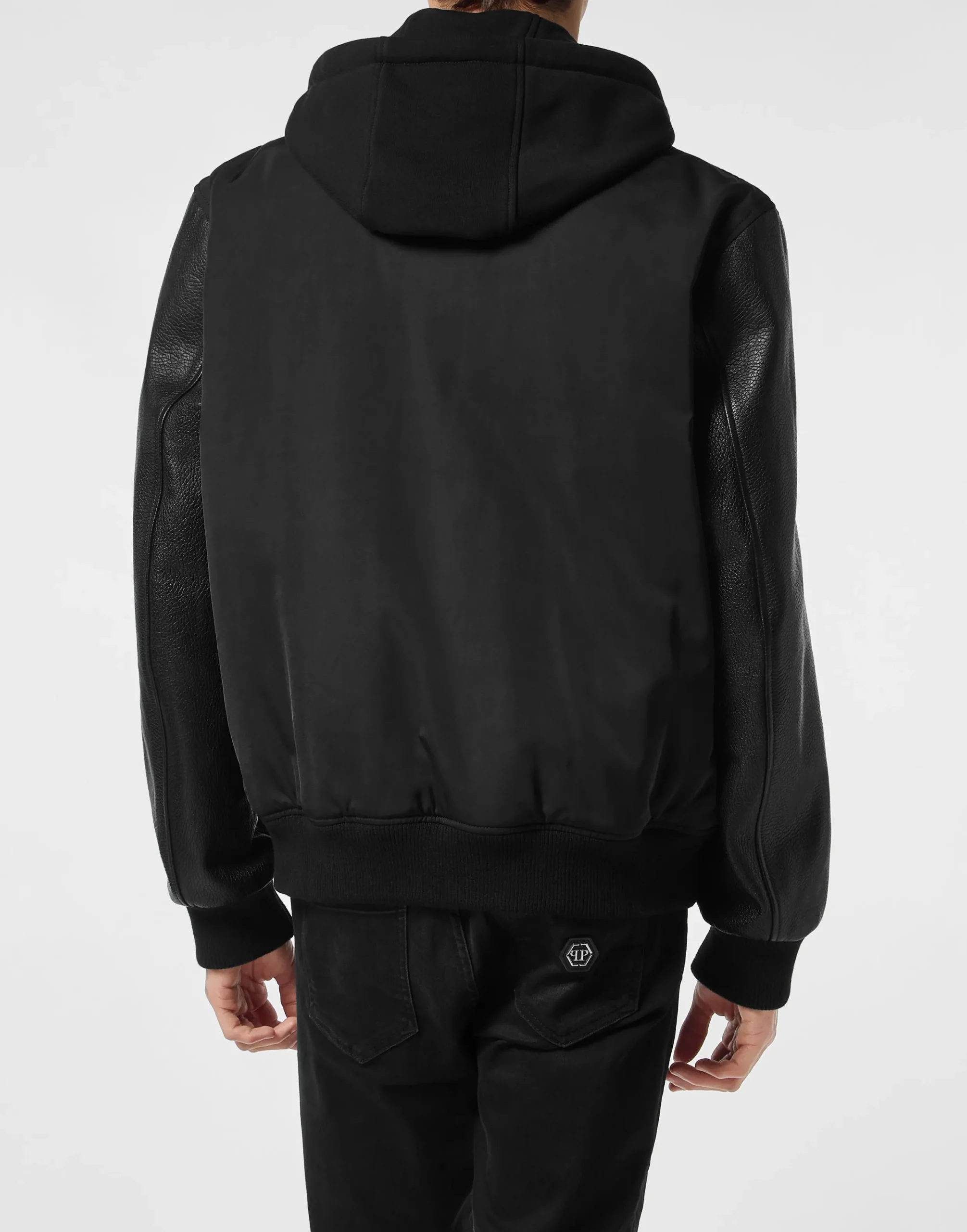 PHILIPP PLEIN Nylon & Leather Varsity Bomber Hooded Jacket>Uomo Giacche Di Pelle|Giacche E Cappotti