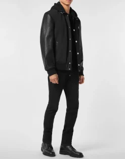PHILIPP PLEIN Nylon & Leather Varsity Bomber Hooded Jacket><noscript><img data-lazyloaded=