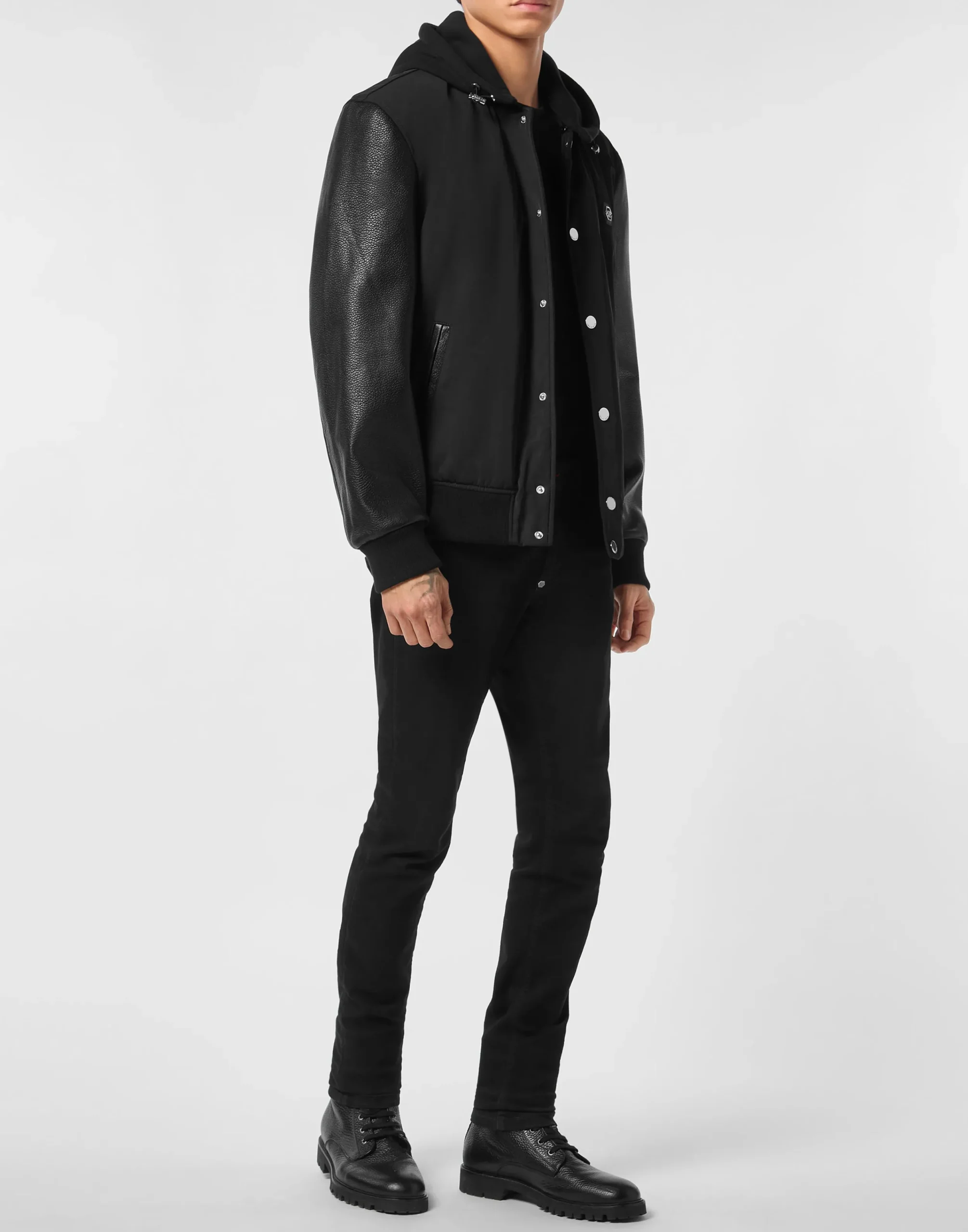 PHILIPP PLEIN Nylon & Leather Varsity Bomber Hooded Jacket>Uomo Giacche Di Pelle|Giacche E Cappotti