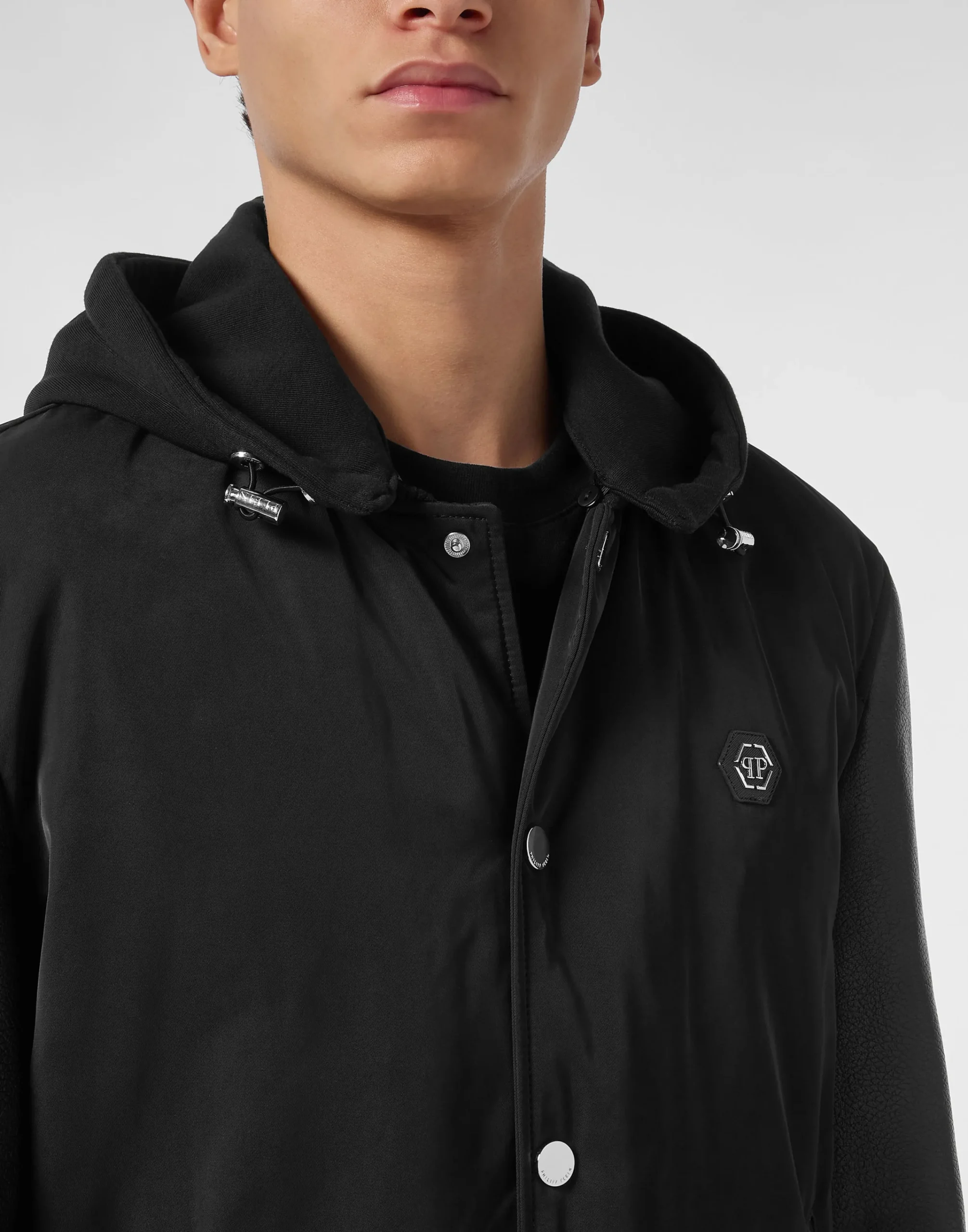 PHILIPP PLEIN Nylon & Leather Varsity Bomber Hooded Jacket>Uomo Giacche Di Pelle|Giacche E Cappotti