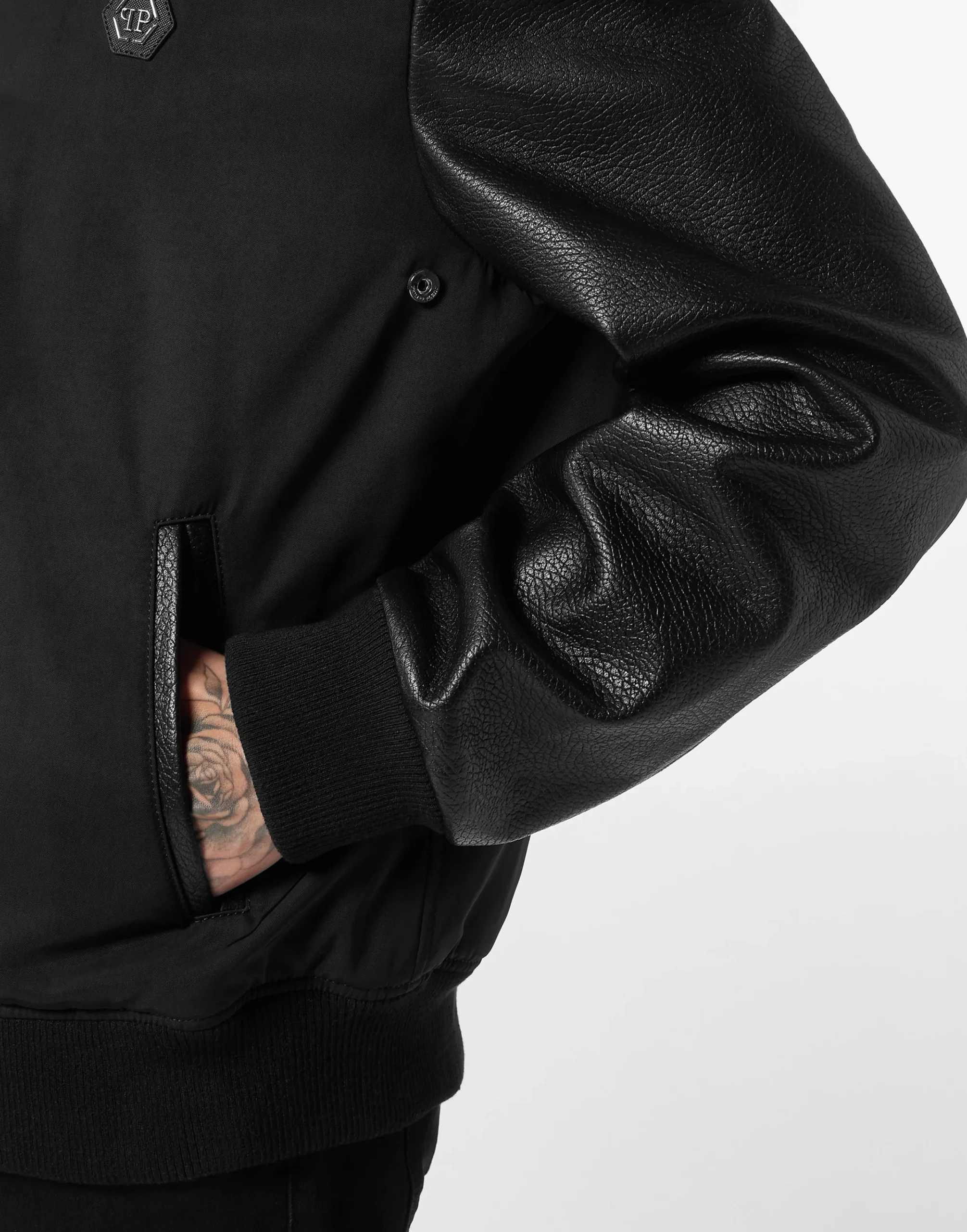 PHILIPP PLEIN Nylon & Leather Varsity Bomber Hooded Jacket>Uomo Giacche Di Pelle|Giacche E Cappotti