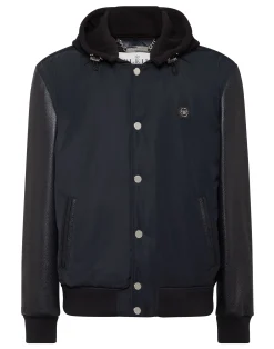 PHILIPP PLEIN Nylon & Leather Varsity Bomber Hooded Jacket>Uomo Giacche Di Pelle|Giacche E Cappotti