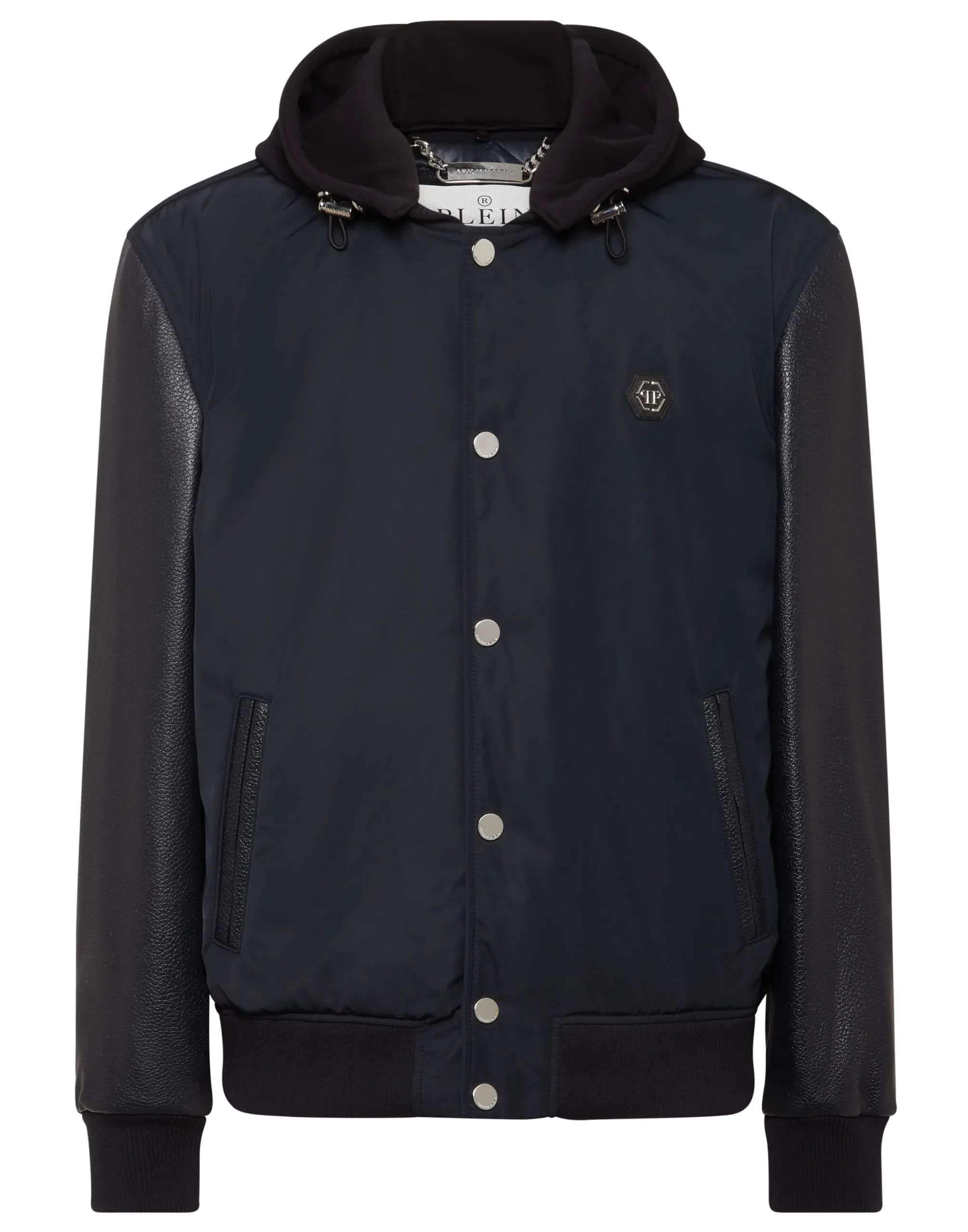 PHILIPP PLEIN Nylon & Leather Varsity Bomber Hooded Jacket>Uomo Giacche Di Pelle|Giacche E Cappotti
