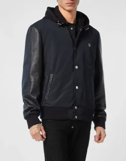 PHILIPP PLEIN Nylon & Leather Varsity Bomber Hooded Jacket>Uomo Giacche Di Pelle|Giacche E Cappotti