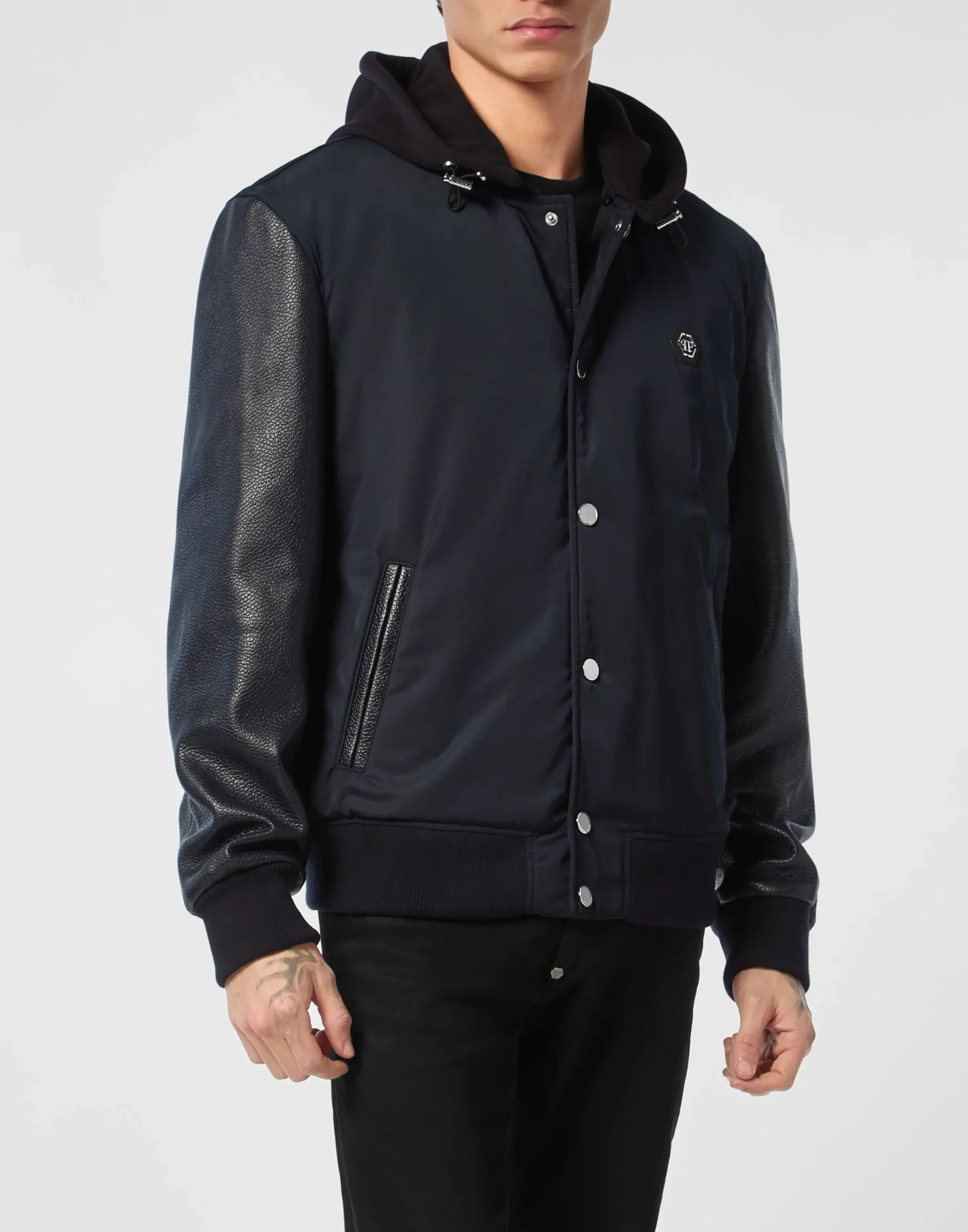 PHILIPP PLEIN Nylon & Leather Varsity Bomber Hooded Jacket>Uomo Giacche Di Pelle|Giacche E Cappotti
