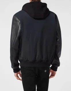 PHILIPP PLEIN Nylon & Leather Varsity Bomber Hooded Jacket><noscript><img data-lazyloaded=