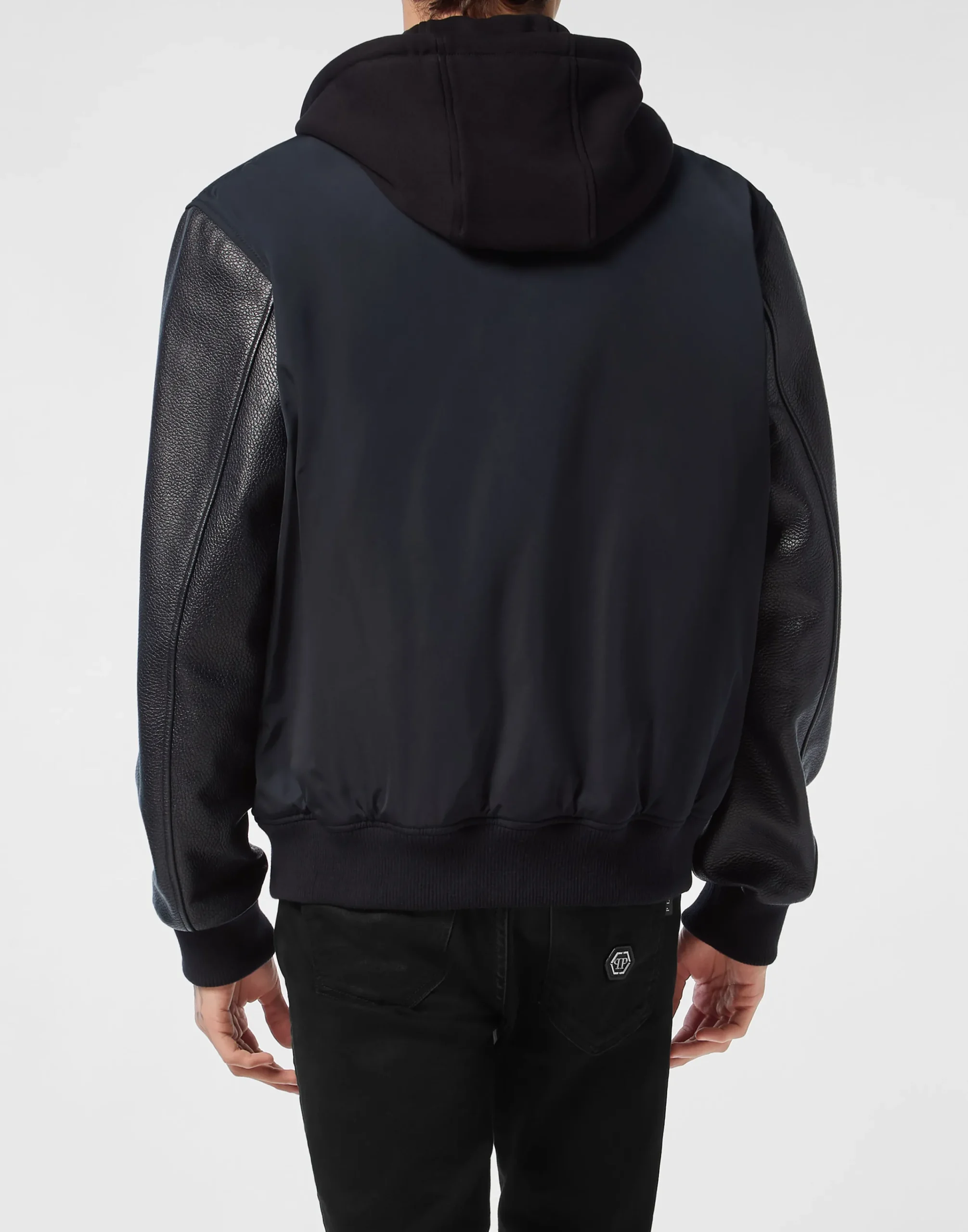 PHILIPP PLEIN Nylon & Leather Varsity Bomber Hooded Jacket>Uomo Giacche Di Pelle|Giacche E Cappotti
