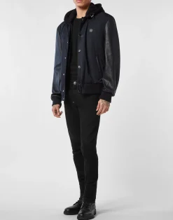 PHILIPP PLEIN Nylon & Leather Varsity Bomber Hooded Jacket><noscript><img data-lazyloaded=