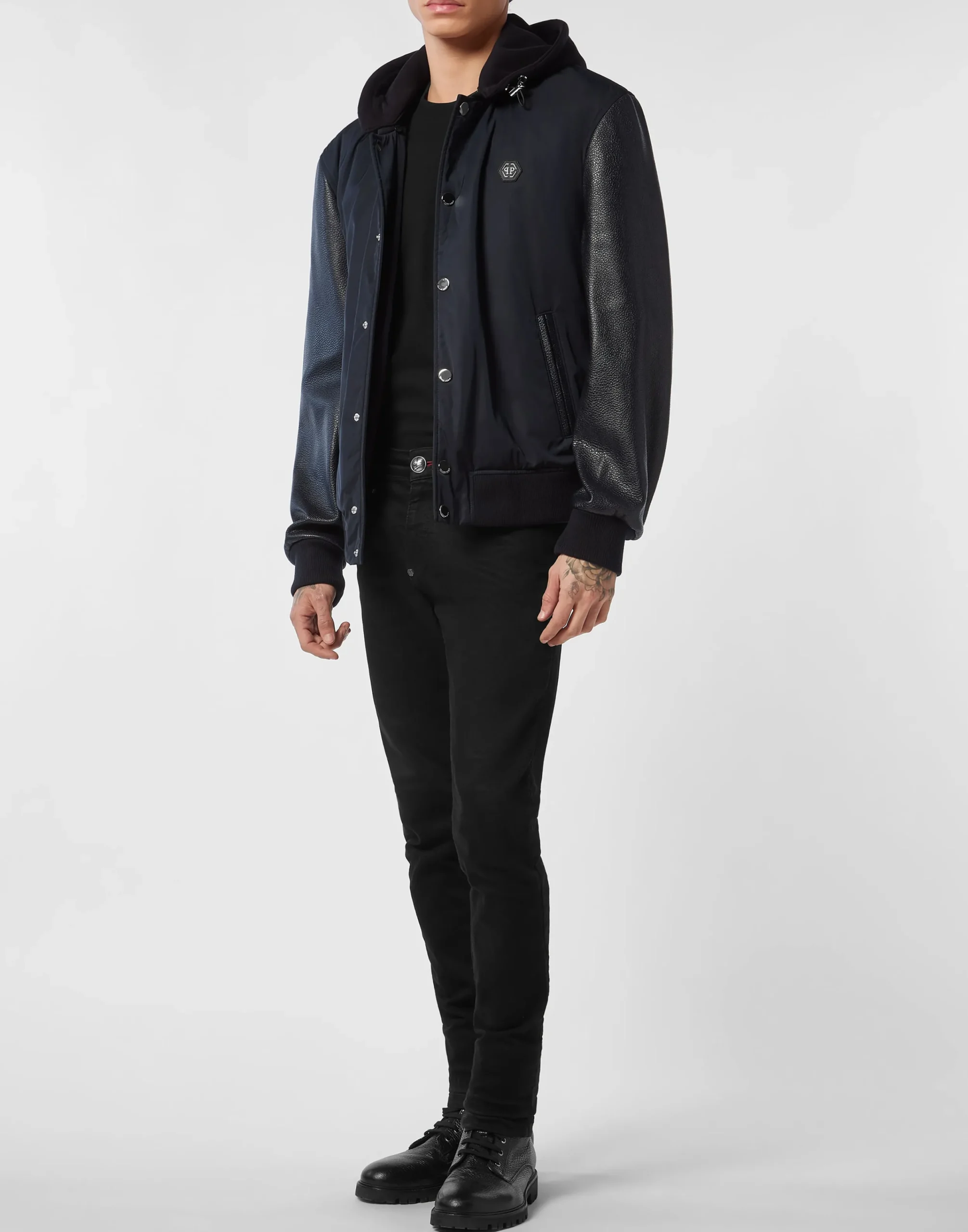 PHILIPP PLEIN Nylon & Leather Varsity Bomber Hooded Jacket>Uomo Giacche Di Pelle|Giacche E Cappotti