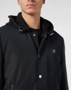 PHILIPP PLEIN Nylon & Leather Varsity Bomber Hooded Jacket><noscript><img data-lazyloaded=