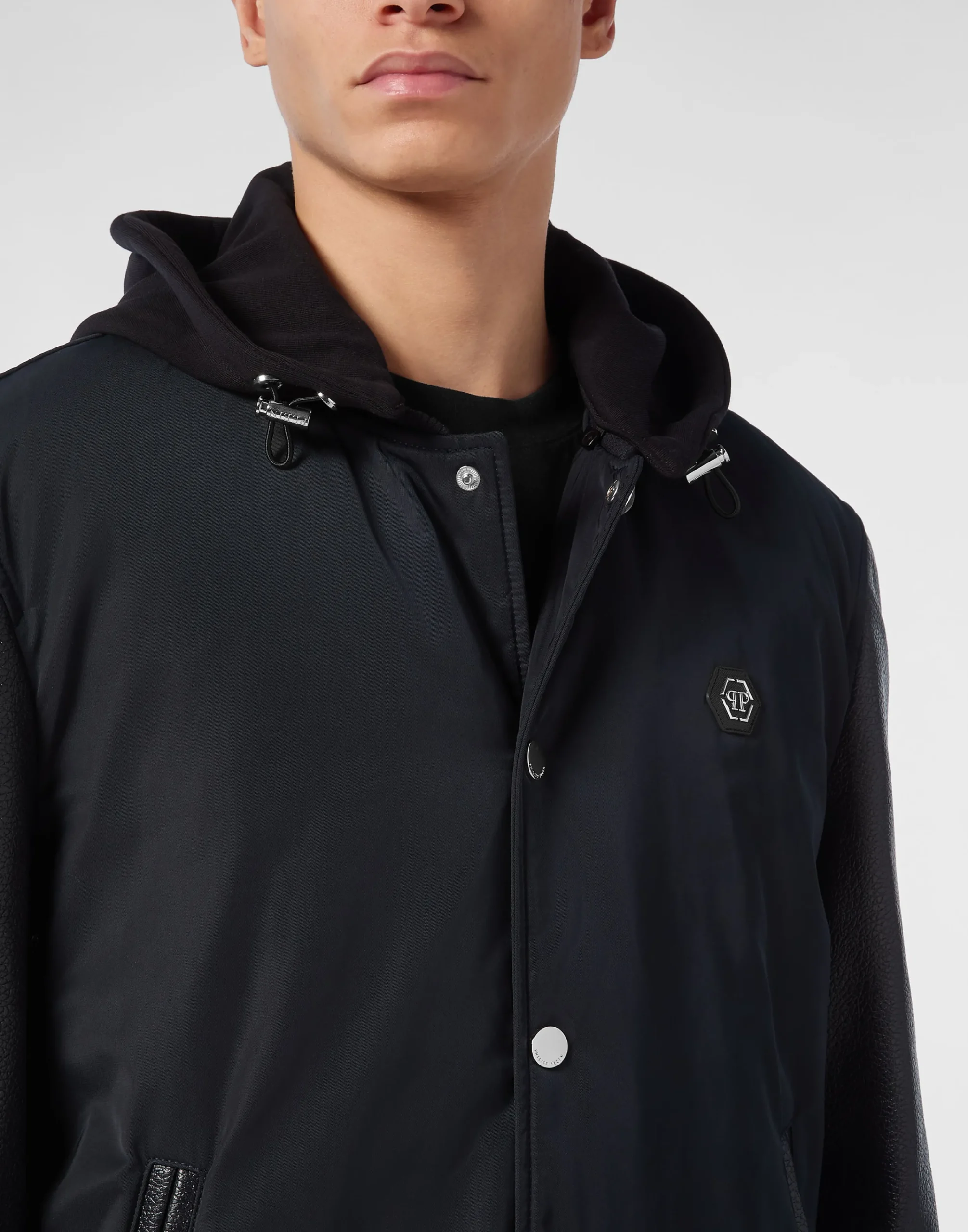 PHILIPP PLEIN Nylon & Leather Varsity Bomber Hooded Jacket>Uomo Giacche Di Pelle|Giacche E Cappotti