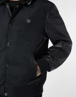 PHILIPP PLEIN Nylon & Leather Varsity Bomber Hooded Jacket><noscript><img data-lazyloaded=