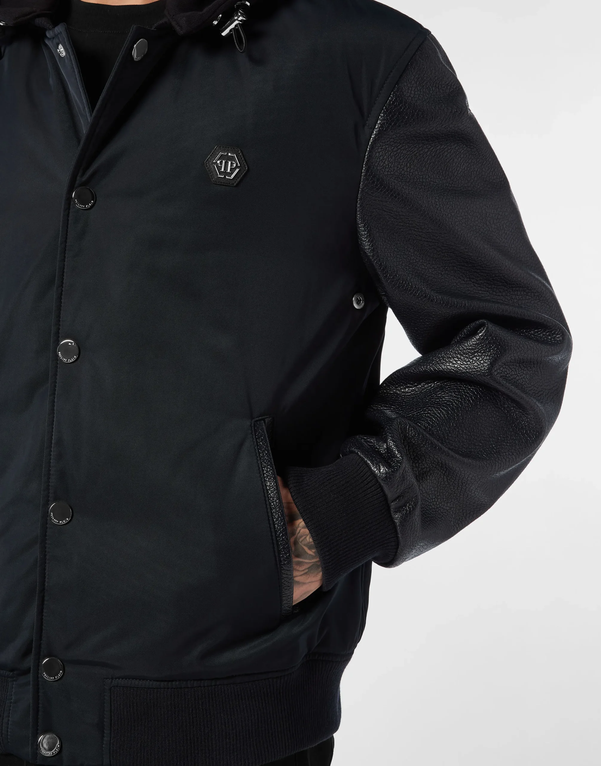 PHILIPP PLEIN Nylon & Leather Varsity Bomber Hooded Jacket>Uomo Giacche Di Pelle|Giacche E Cappotti