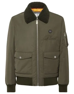 PHILIPP PLEIN Nylon Aviator Jacket with Shearling Collar>Uomo Giacche E Cappotti