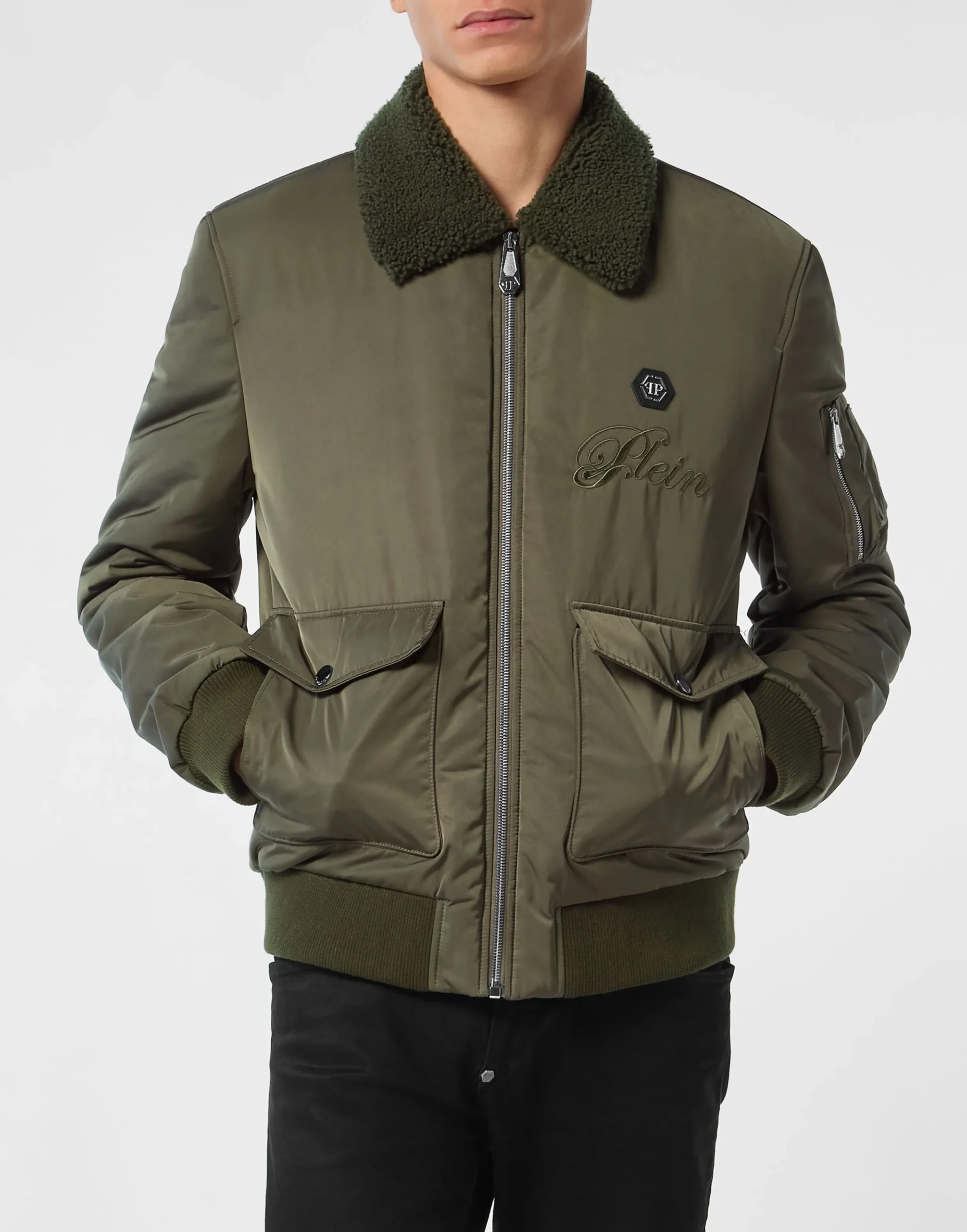 PHILIPP PLEIN Nylon Aviator Jacket with Shearling Collar>Uomo Giacche E Cappotti