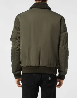 PHILIPP PLEIN Nylon Aviator Jacket with Shearling Collar><noscript><img data-lazyloaded=