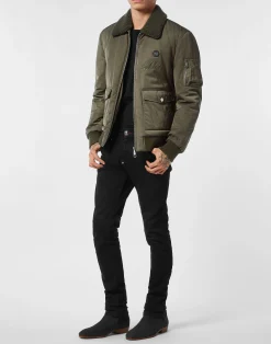 PHILIPP PLEIN Nylon Aviator Jacket with Shearling Collar><noscript><img data-lazyloaded=
