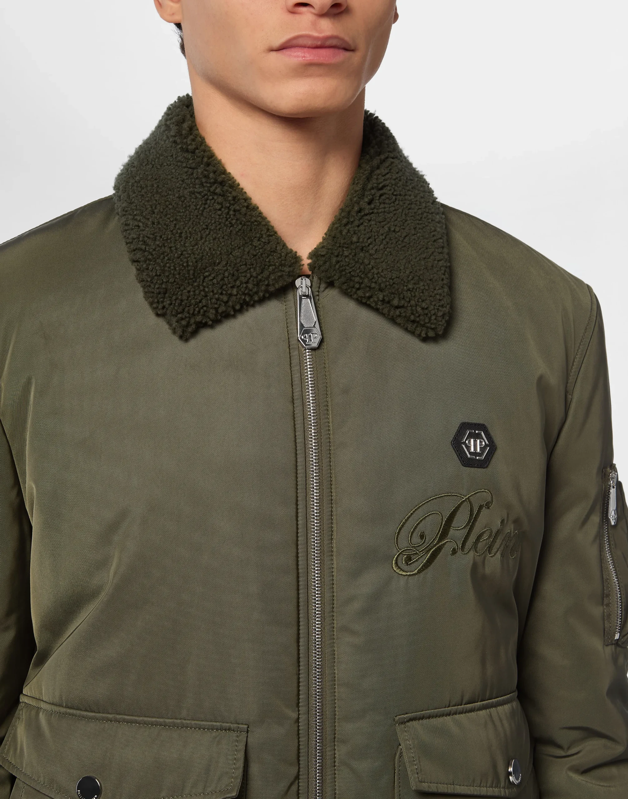 PHILIPP PLEIN Nylon Aviator Jacket with Shearling Collar>Uomo Giacche E Cappotti