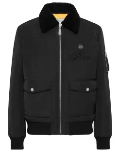 PHILIPP PLEIN Nylon Aviator Jacket with Shearling Collar>Uomo Giacche E Cappotti