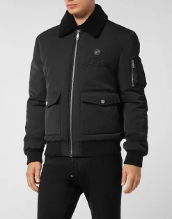 PHILIPP PLEIN Nylon Aviator Jacket with Shearling Collar>Uomo Giacche E Cappotti