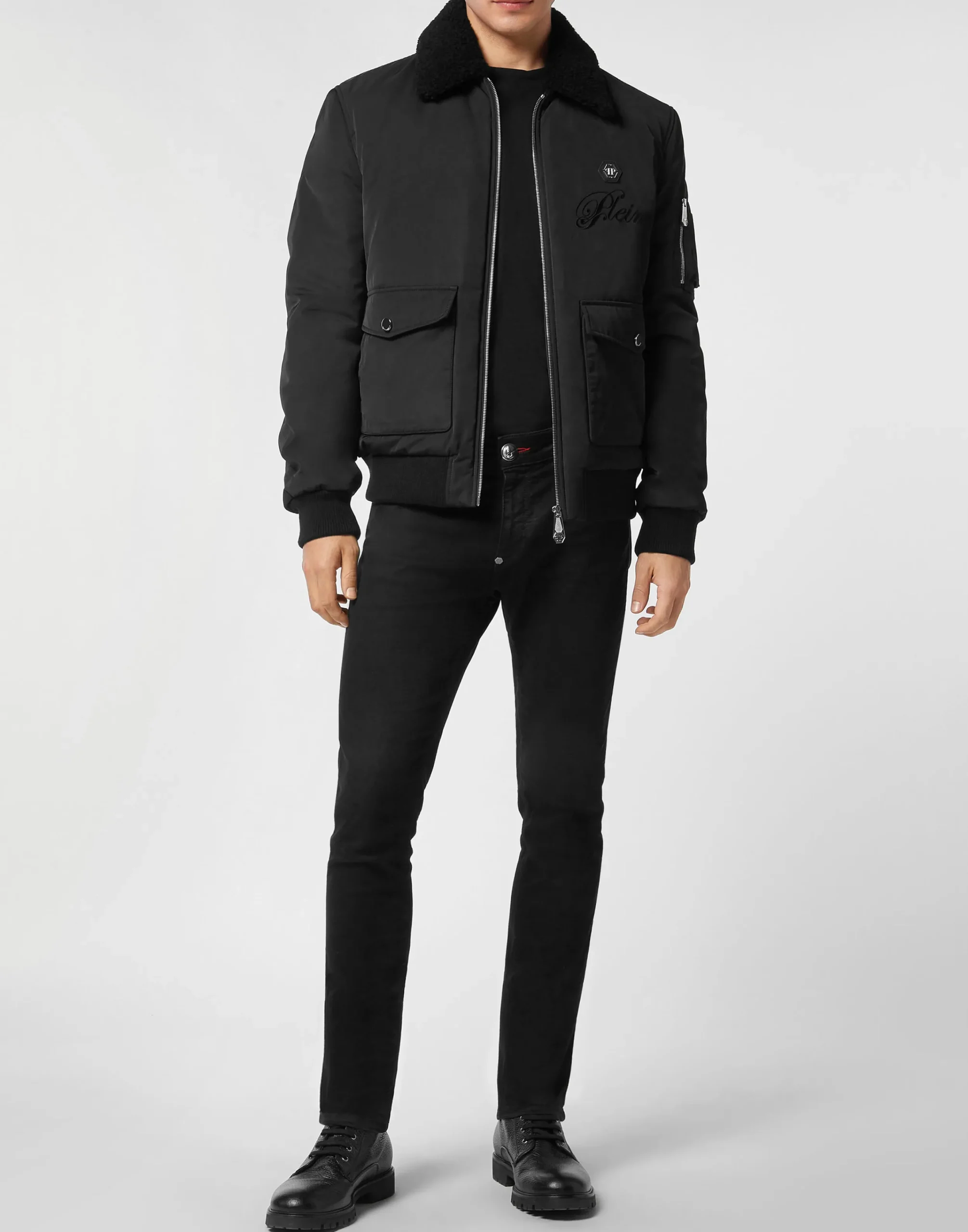 PHILIPP PLEIN Nylon Aviator Jacket with Shearling Collar>Uomo Giacche E Cappotti
