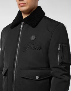 PHILIPP PLEIN Nylon Aviator Jacket with Shearling Collar><noscript><img data-lazyloaded=