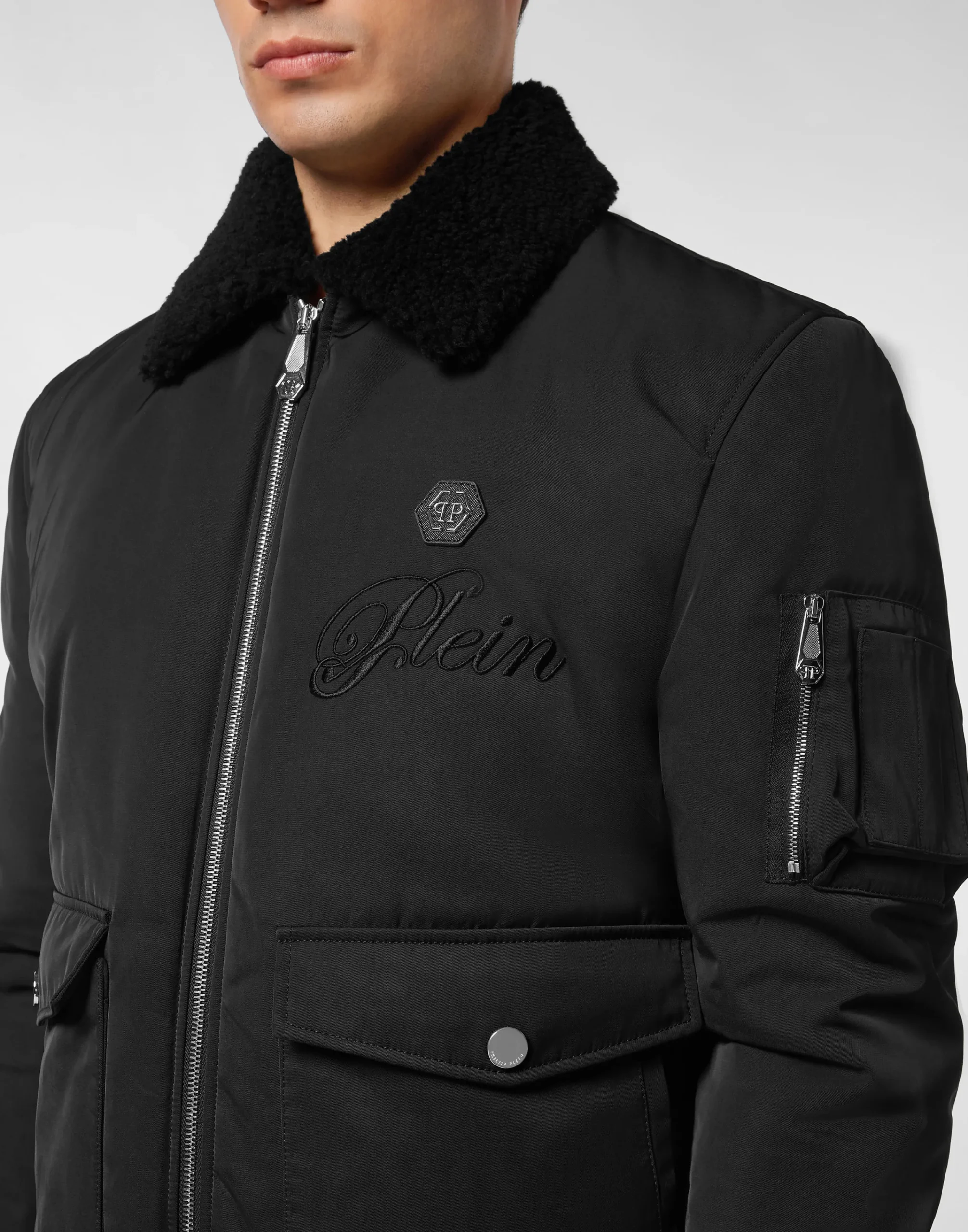 PHILIPP PLEIN Nylon Aviator Jacket with Shearling Collar>Uomo Giacche E Cappotti