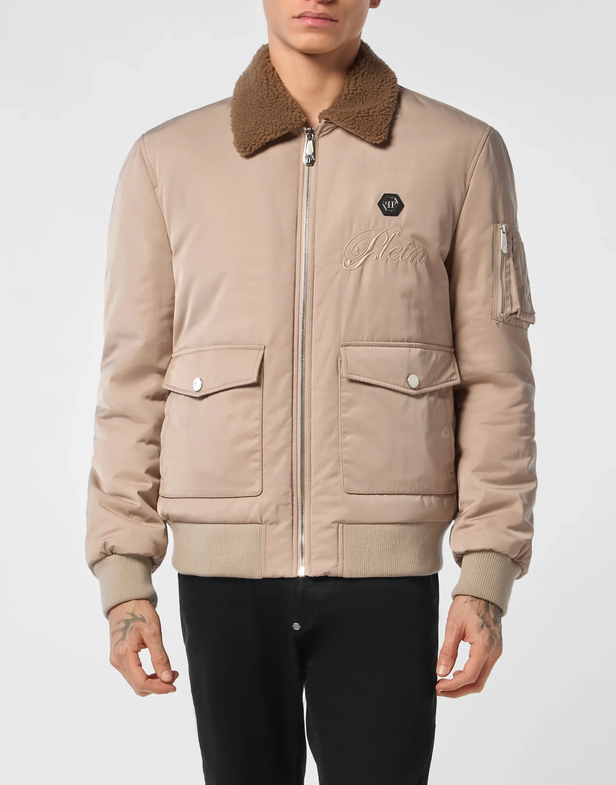 PHILIPP PLEIN Nylon Aviator Jacket with Shearling Collar>Uomo Giacche E Cappotti