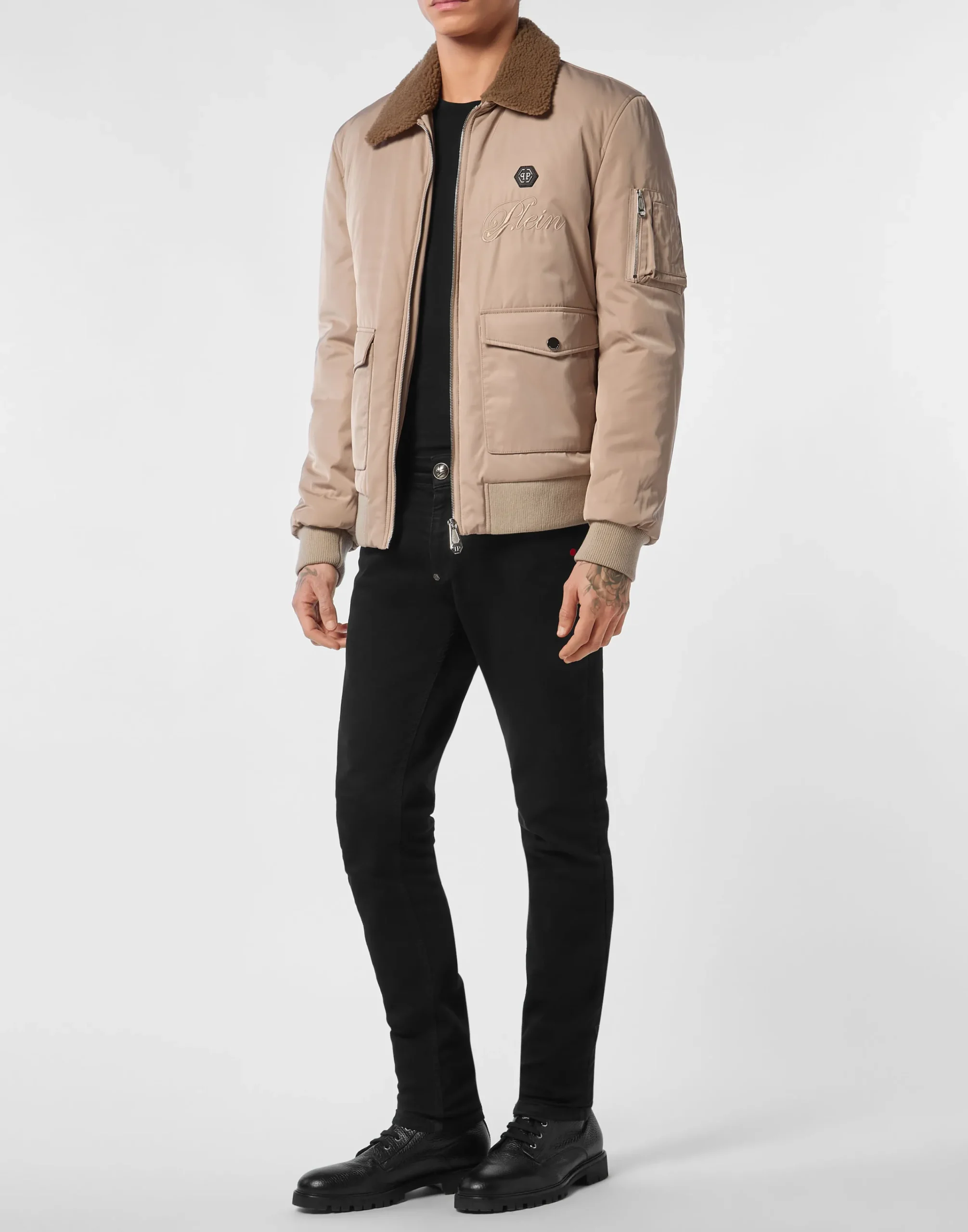 PHILIPP PLEIN Nylon Aviator Jacket with Shearling Collar>Uomo Giacche E Cappotti