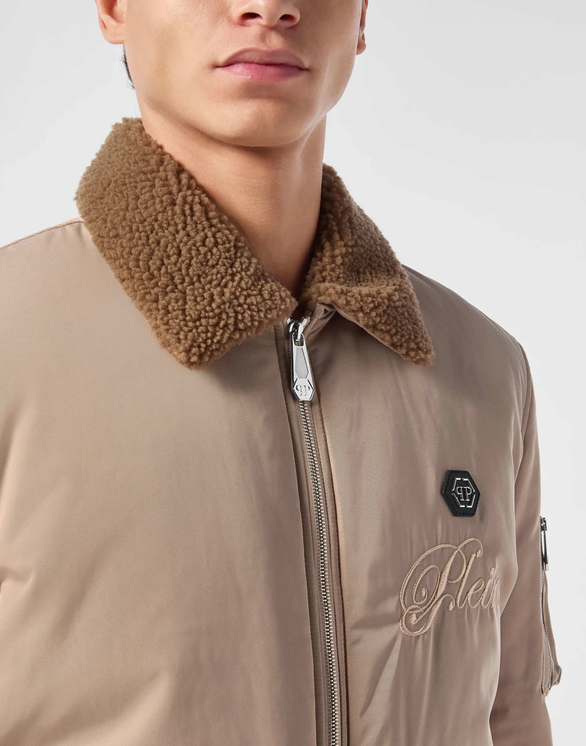PHILIPP PLEIN Nylon Aviator Jacket with Shearling Collar>Uomo Giacche E Cappotti